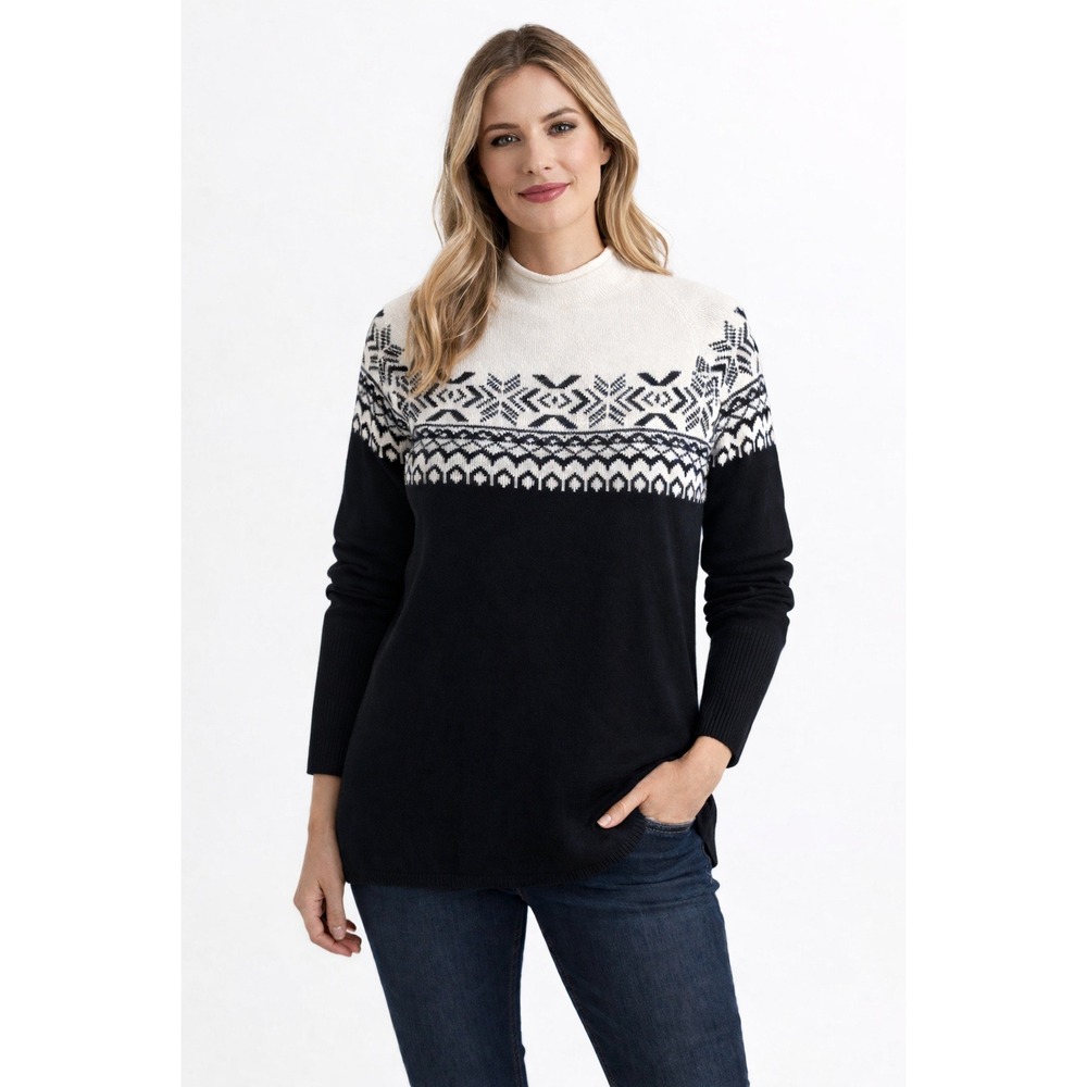 Maurices Women Fair Isle Snowflake Mock Neck Sweater Black Cream Size‎ S